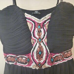 Jane Norman Dress size 14 High Low Black Boho Gypsy Bead Embellished Y2K Aztec
